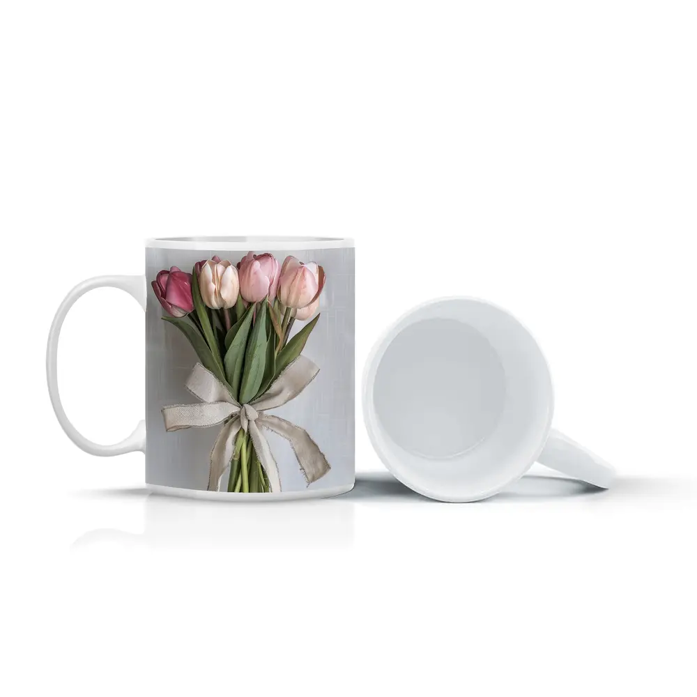 Pink Tulips Bouquet With Linen Ribbon – Mugs
