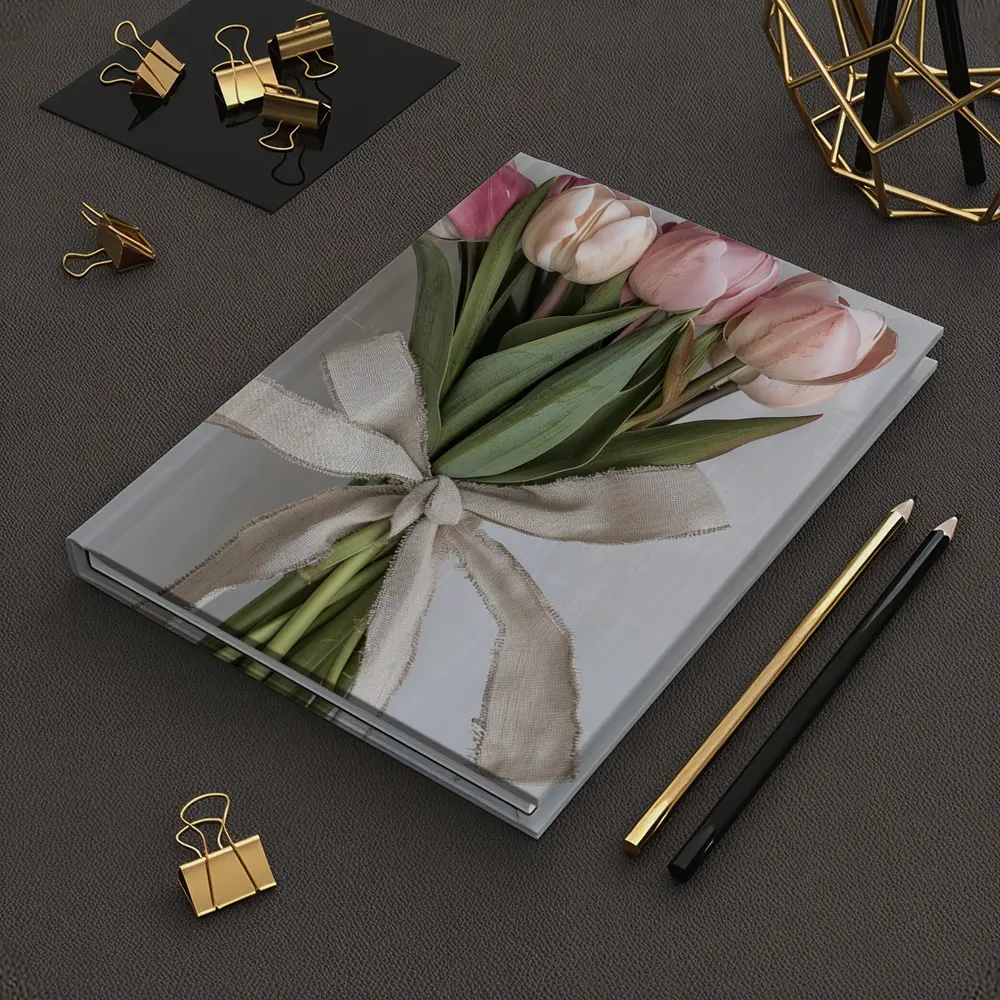 Pink Tulips Bouquet With Linen Ribbon – Notebooks