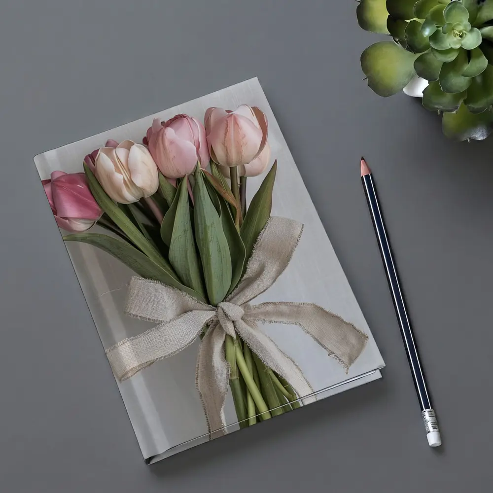 Pink Tulips Bouquet With Linen Ribbon – Notebooks