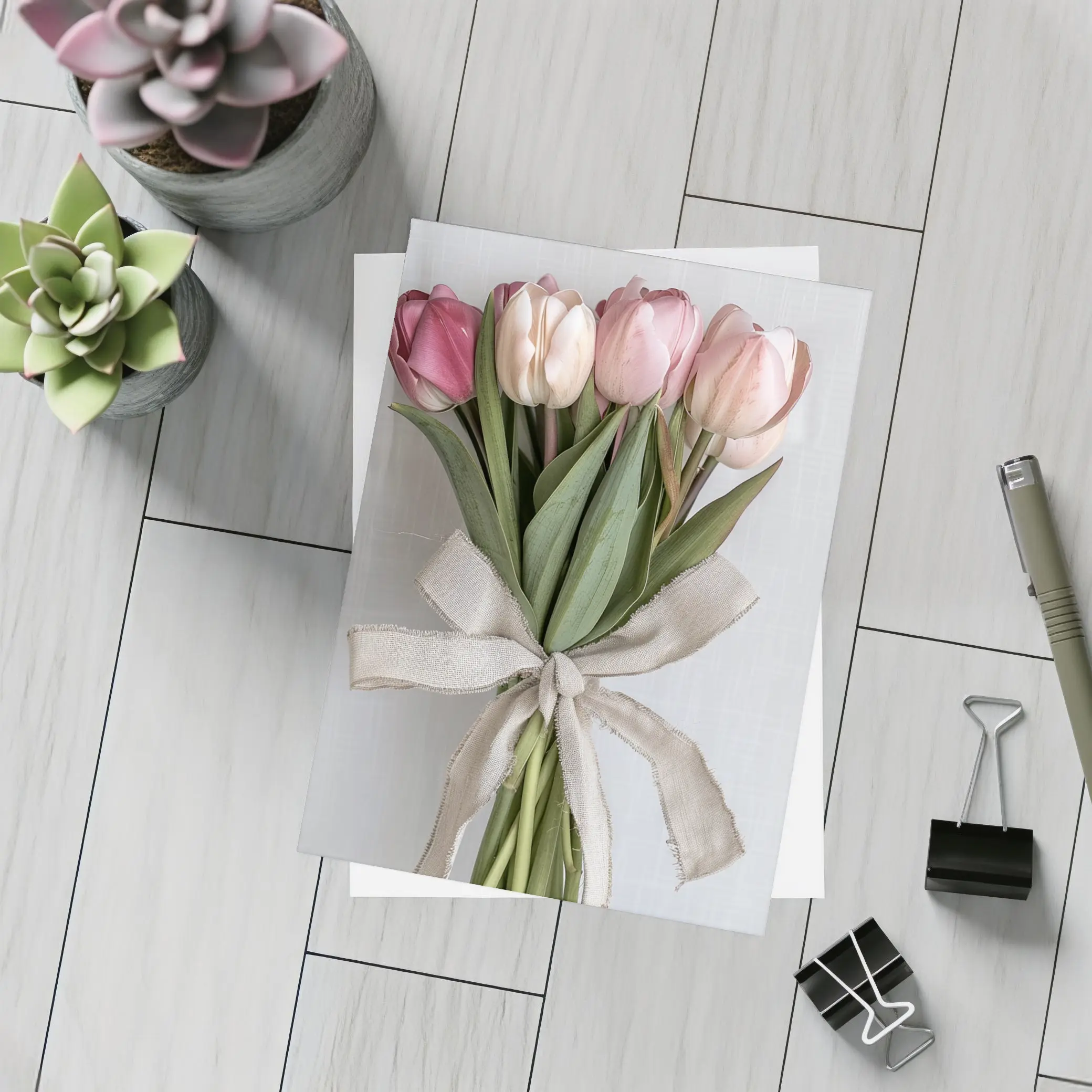 Pink Tulips Bouquet With Linen Ribbon – Postcards