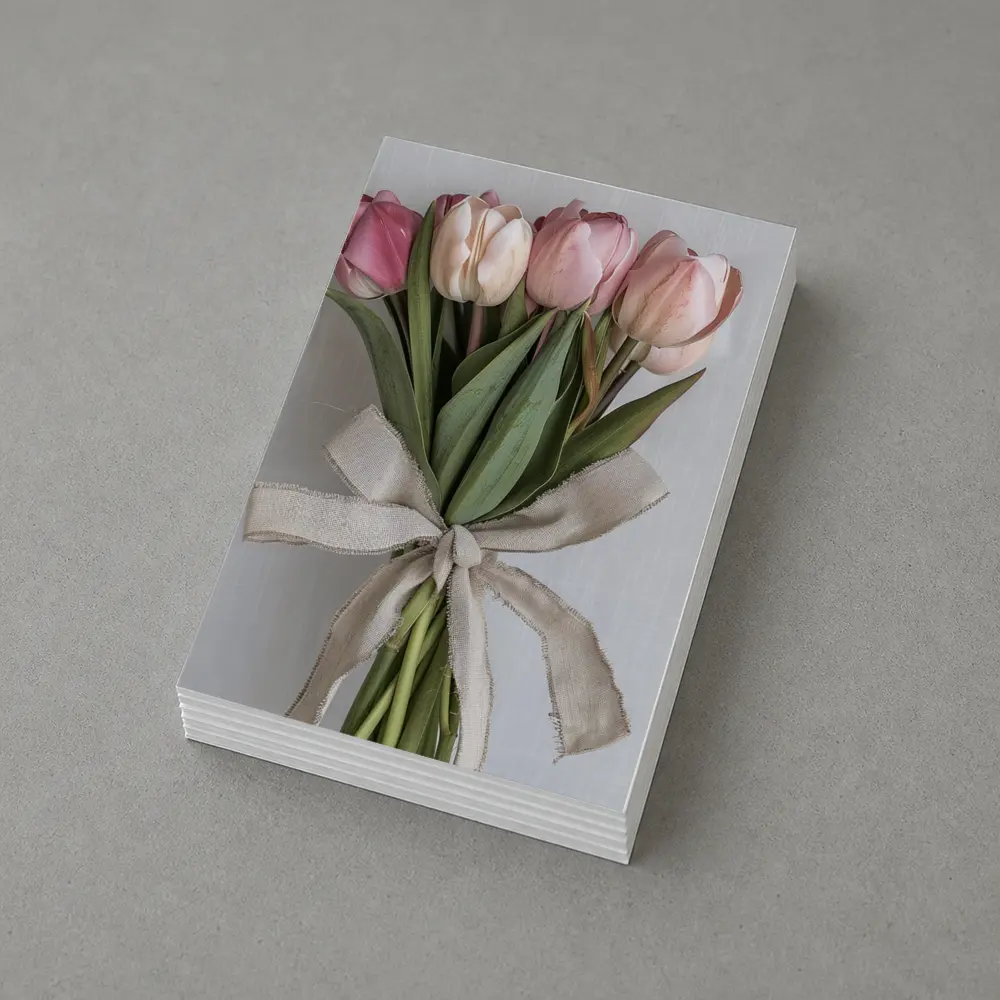 Pink Tulips Bouquet With Linen Ribbon – Postcards