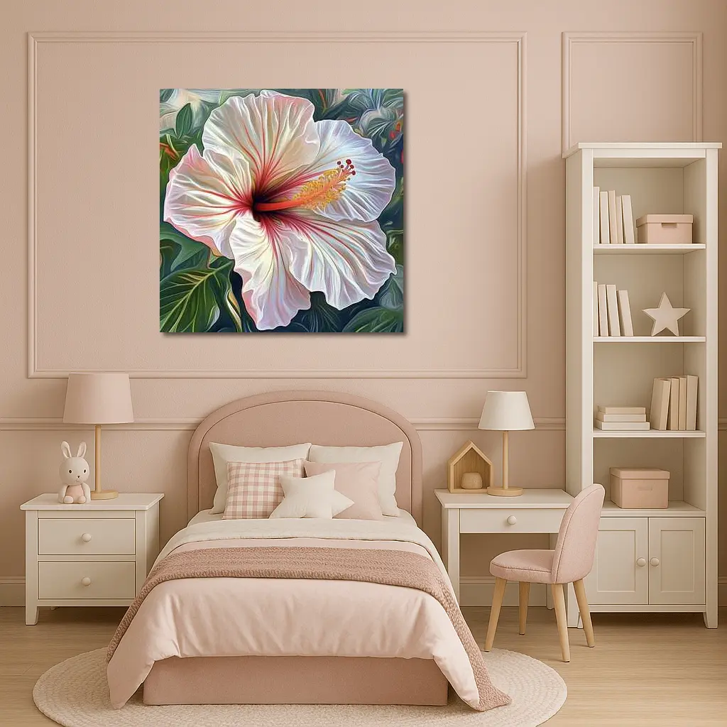 White Hibiscus Flower Tropical Leaves Art – Wall Art