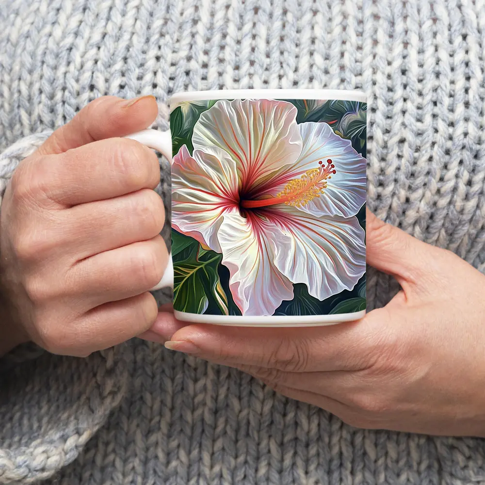 White Hibiscus Flower Tropical Leaves Art – Mugs