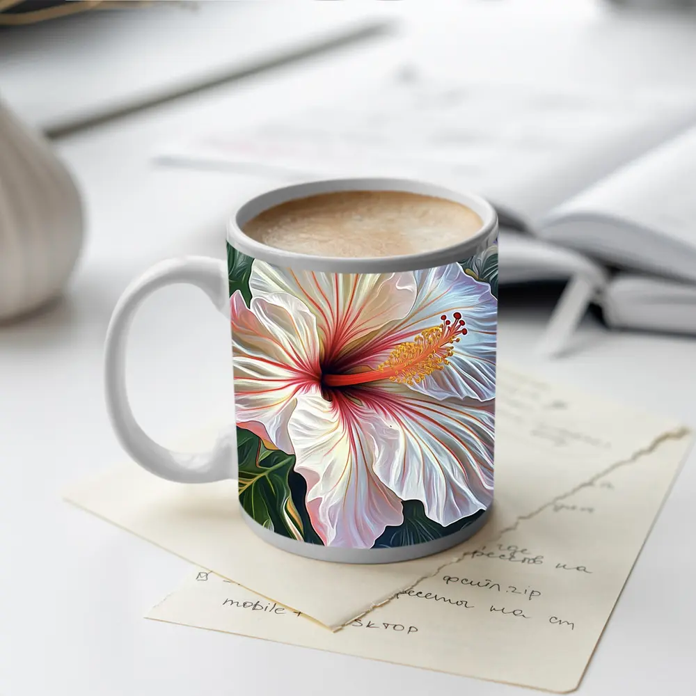 White Hibiscus Flower Tropical Leaves Art – Mugs