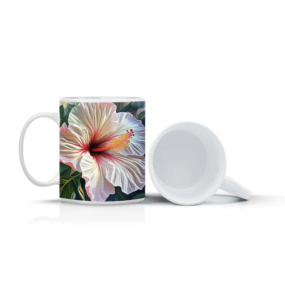 White Hibiscus Flower Tropical Leaves Art – Mugs