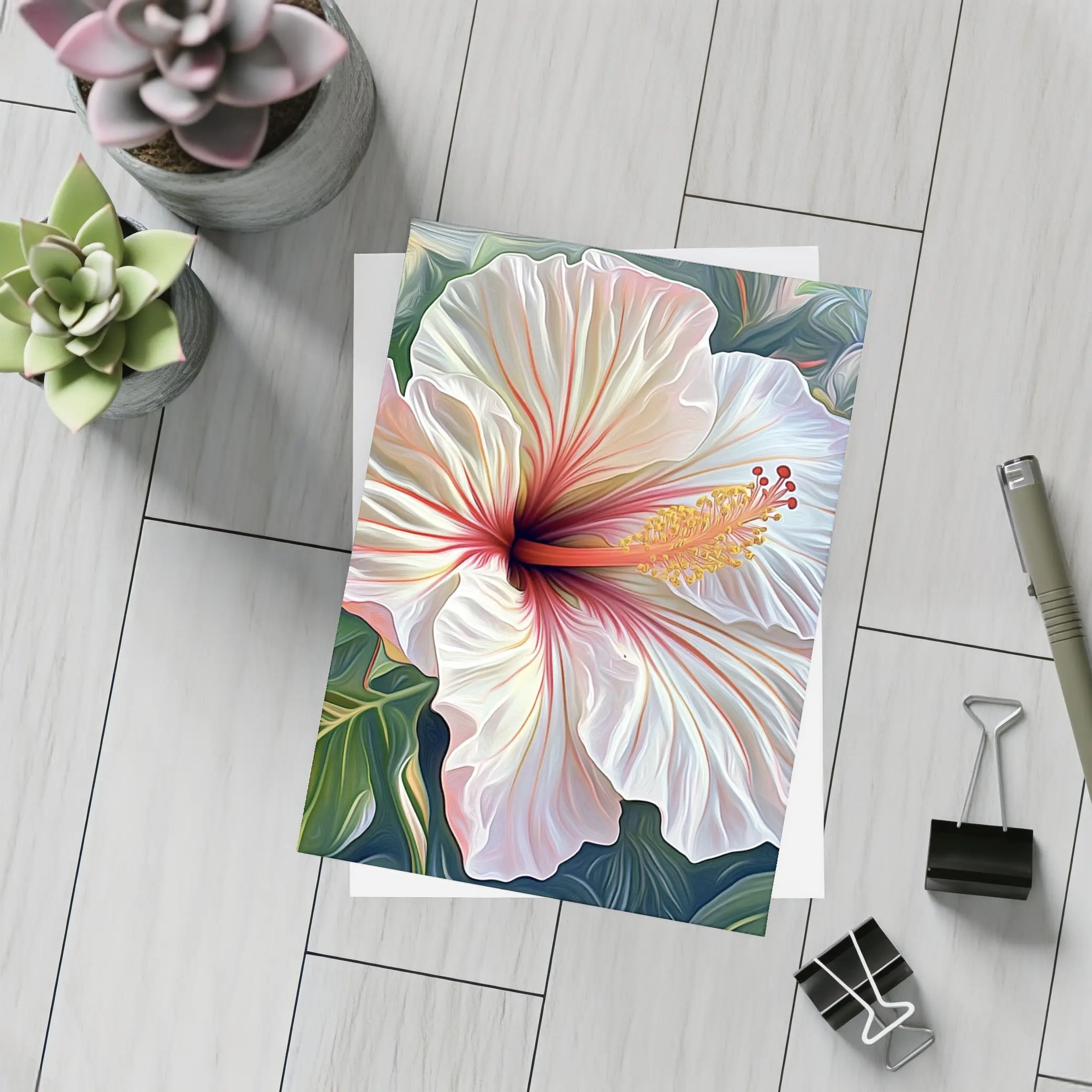 White Hibiscus Flower Tropical Leaves Art – Postcards