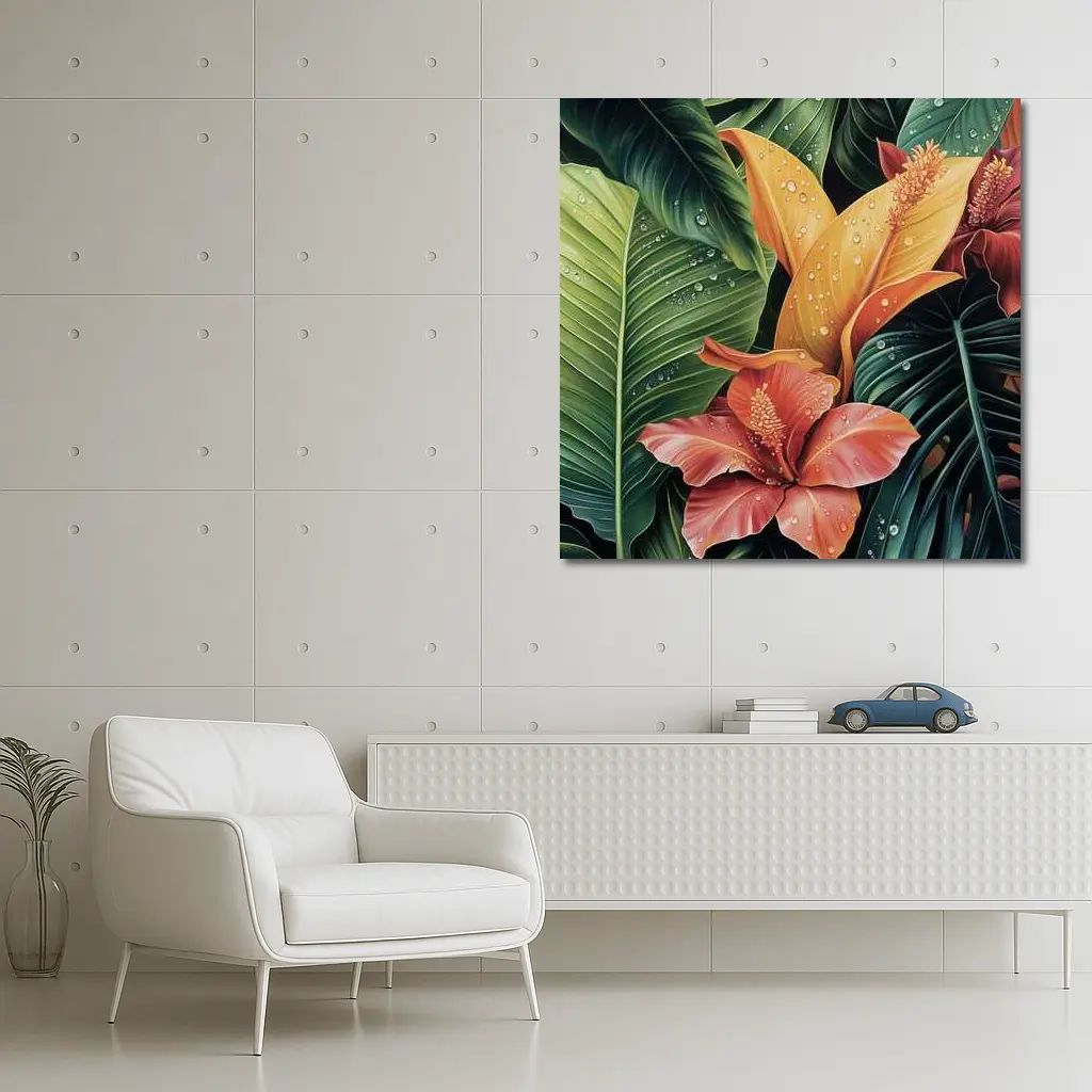 Tropical Hibiscus Flowers With Raindrops Painting – Wall Art