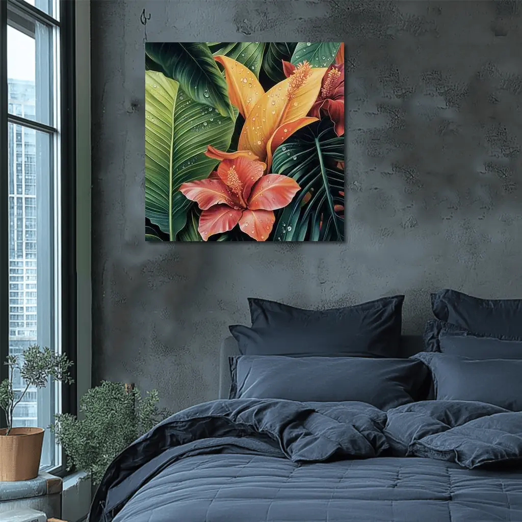Tropical Hibiscus Flowers With Raindrops Painting – Wall Art