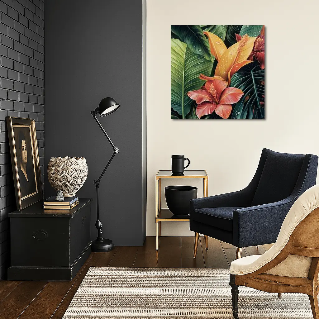 Tropical Hibiscus Flowers With Raindrops Painting – Wall Art