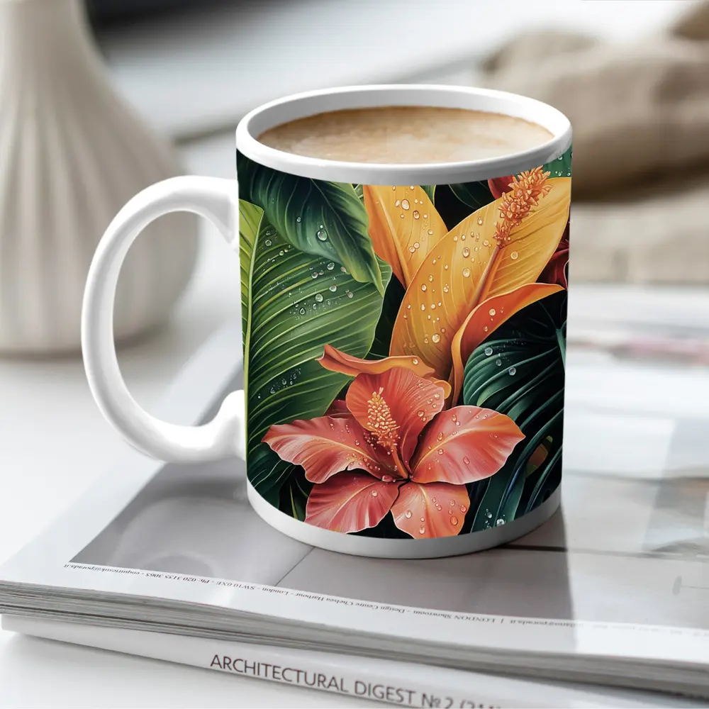 Tropical Hibiscus Flowers With Raindrops Painting – Mugs