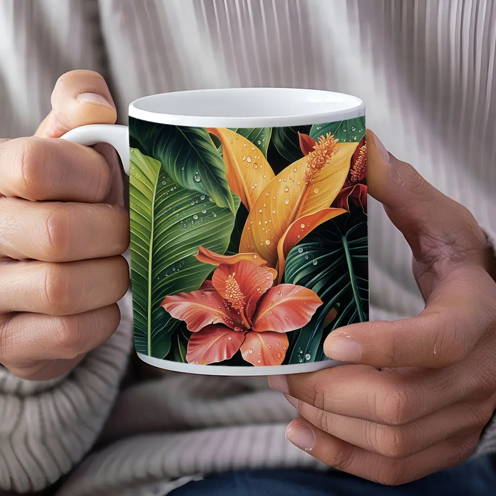 Tropical Hibiscus Flowers With Raindrops Painting – Mugs