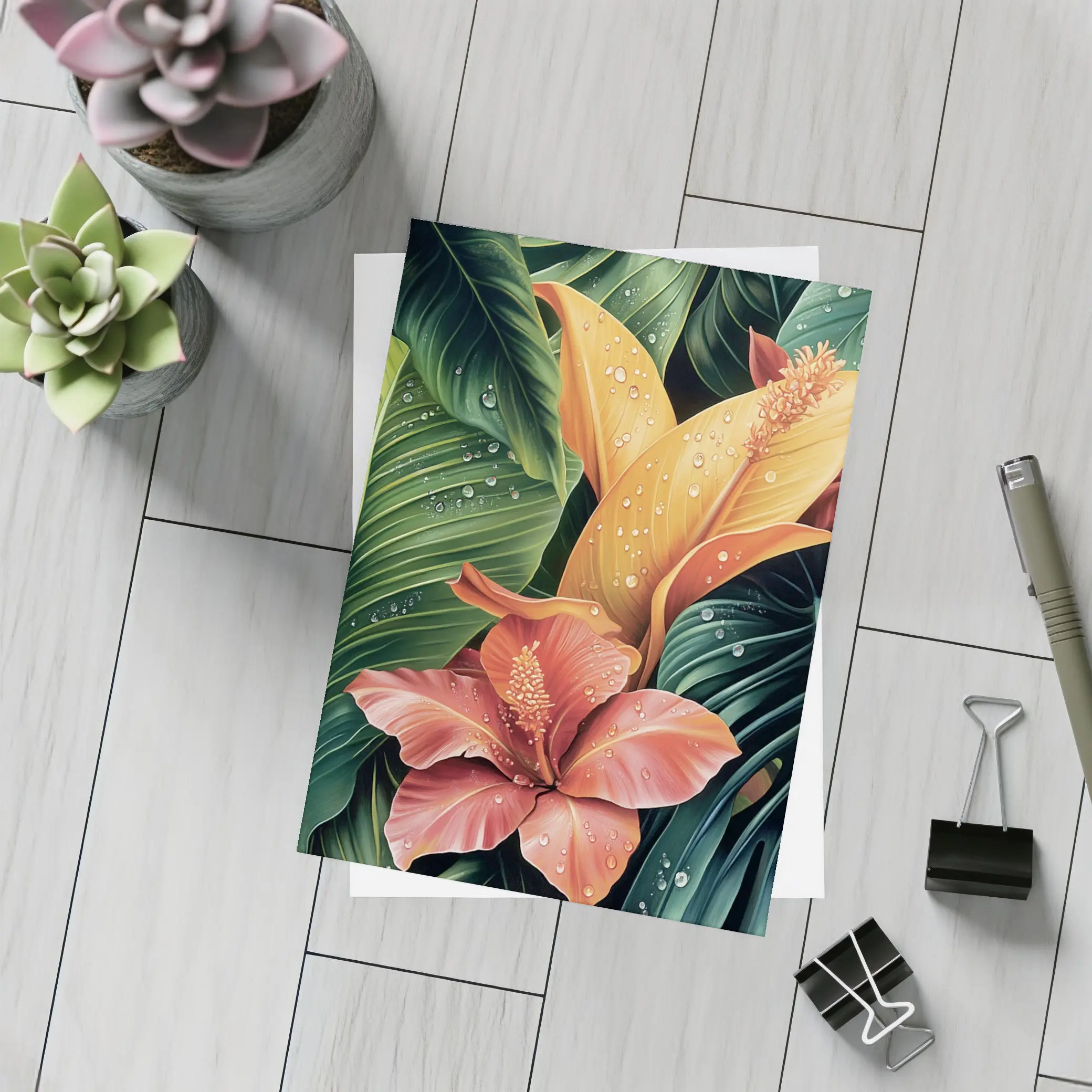 Tropical Hibiscus Flowers With Raindrops Painting – Postcards