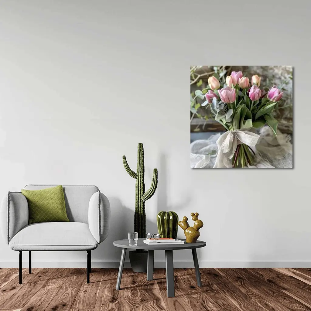 Pink Tulips Bouquet Rustic Linen Ribbon – Wall Art