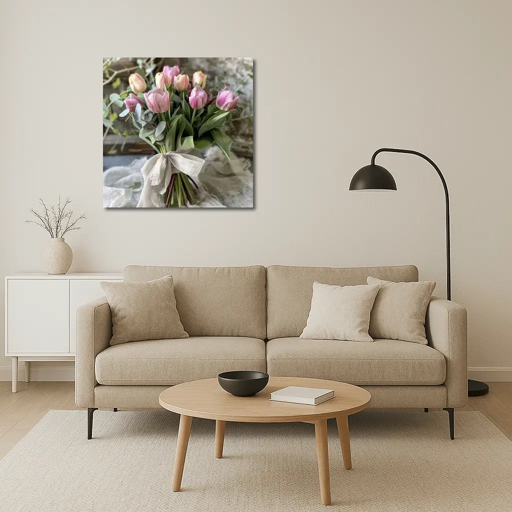 Pink Tulips Bouquet Rustic Linen Ribbon – Wall Art