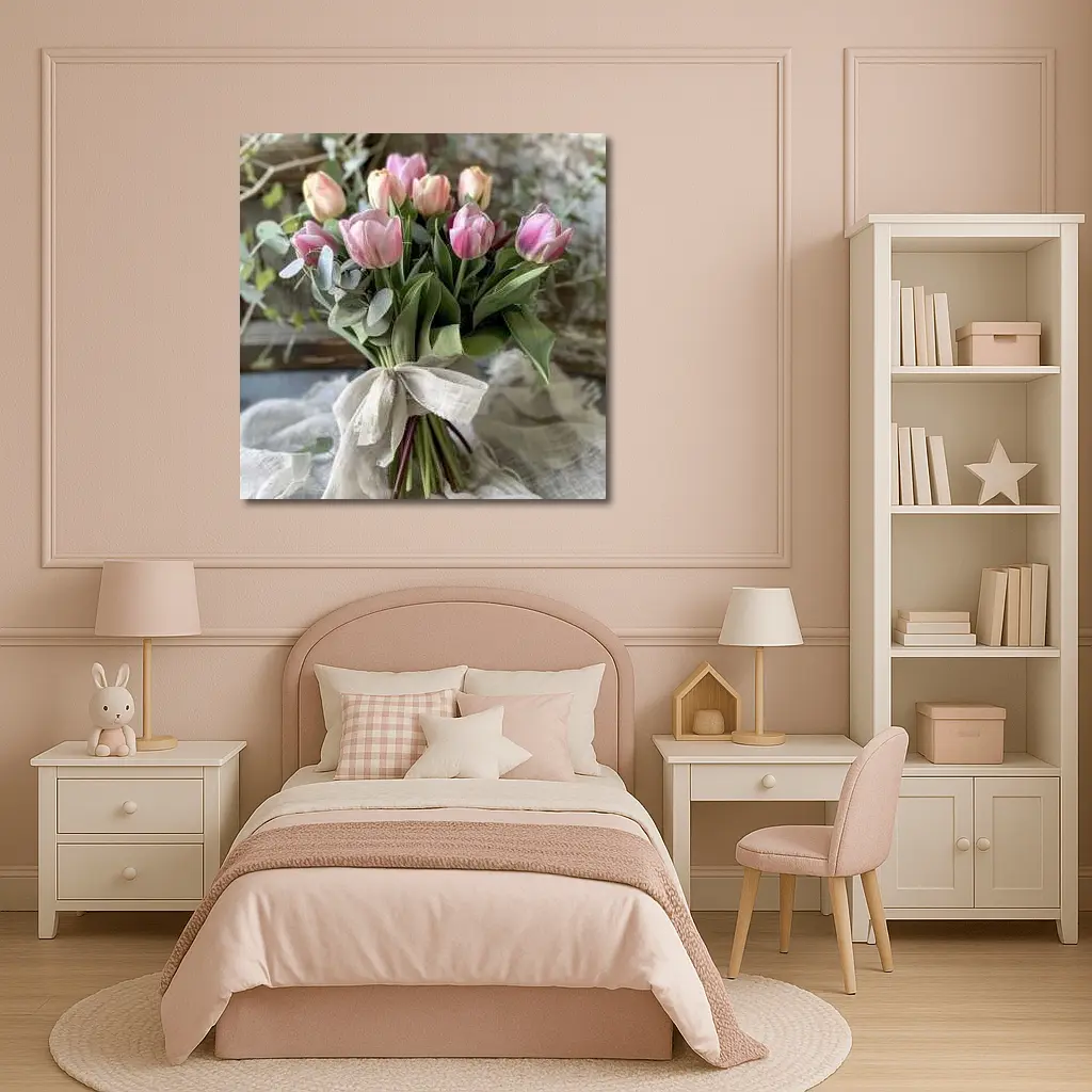 Pink Tulips Bouquet Rustic Linen Ribbon – Wall Art