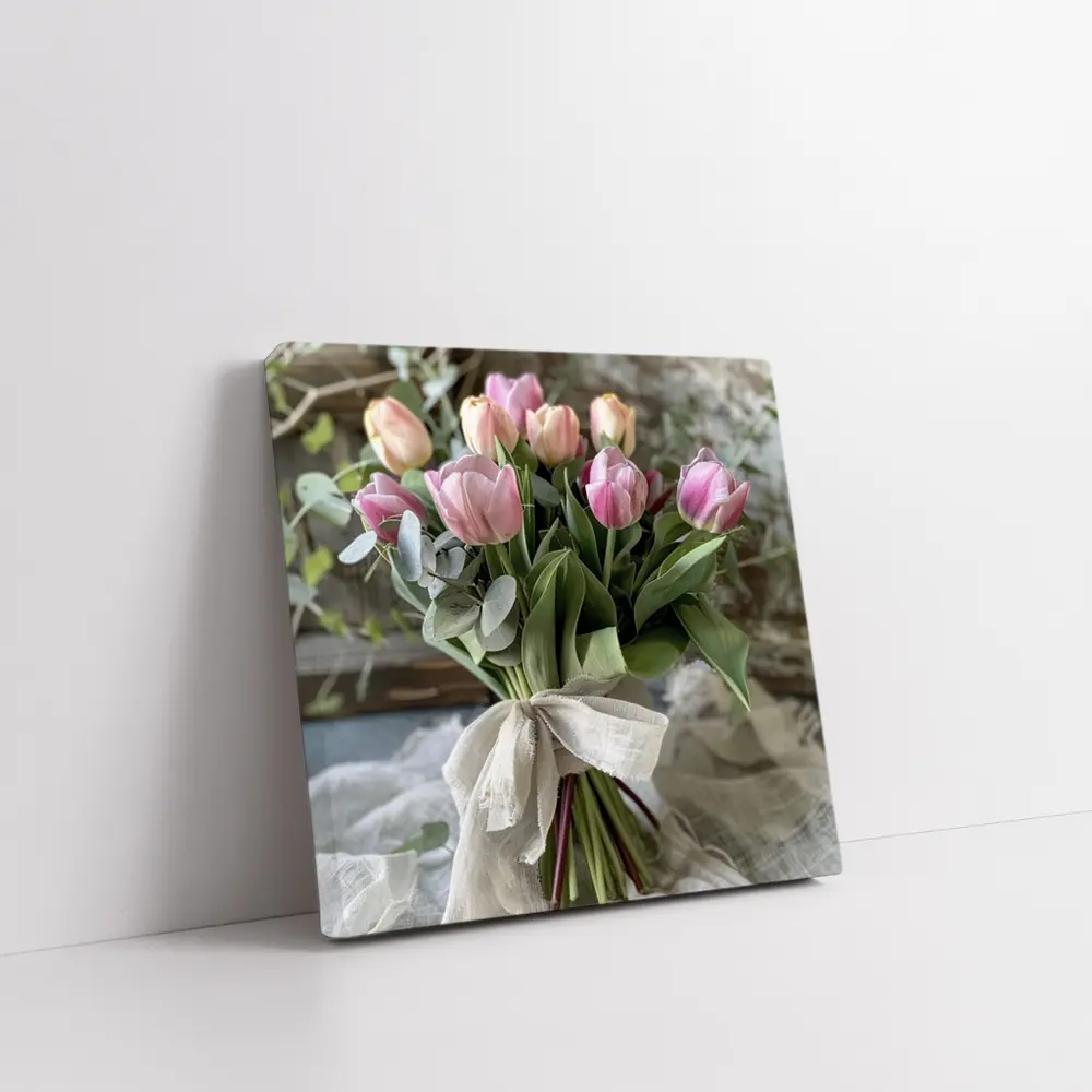 Pink Tulips Bouquet Rustic Linen Ribbon – Wall Art
