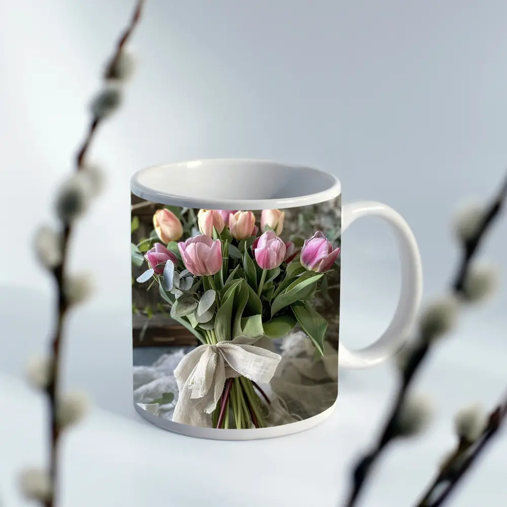 Pink Tulips Bouquet Rustic Linen Ribbon – Mugs