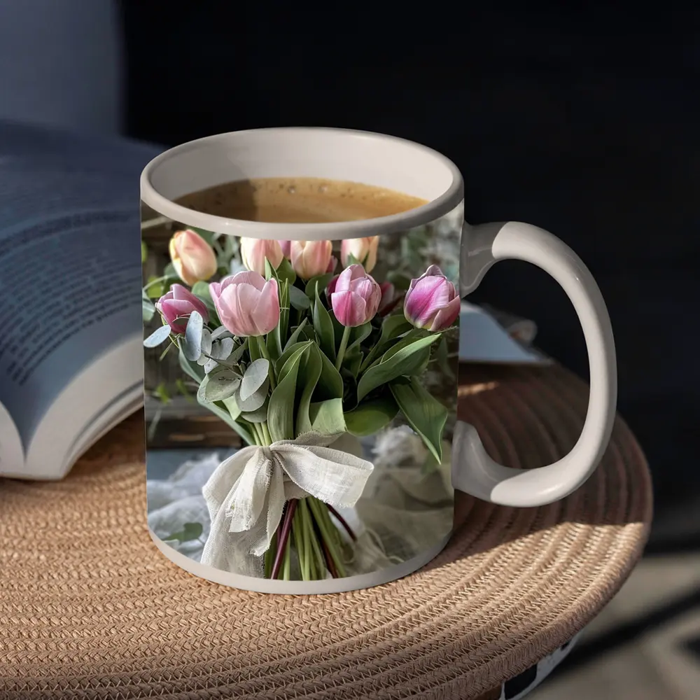 Pink Tulips Bouquet Rustic Linen Ribbon – Mugs