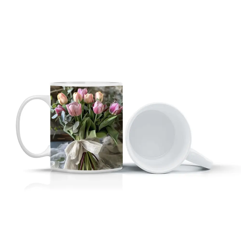 Pink Tulips Bouquet Rustic Linen Ribbon – Mugs