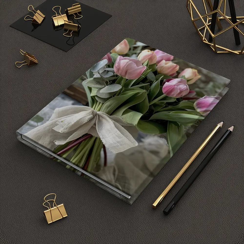 Pink Tulips Bouquet Rustic Linen Ribbon – Notebooks