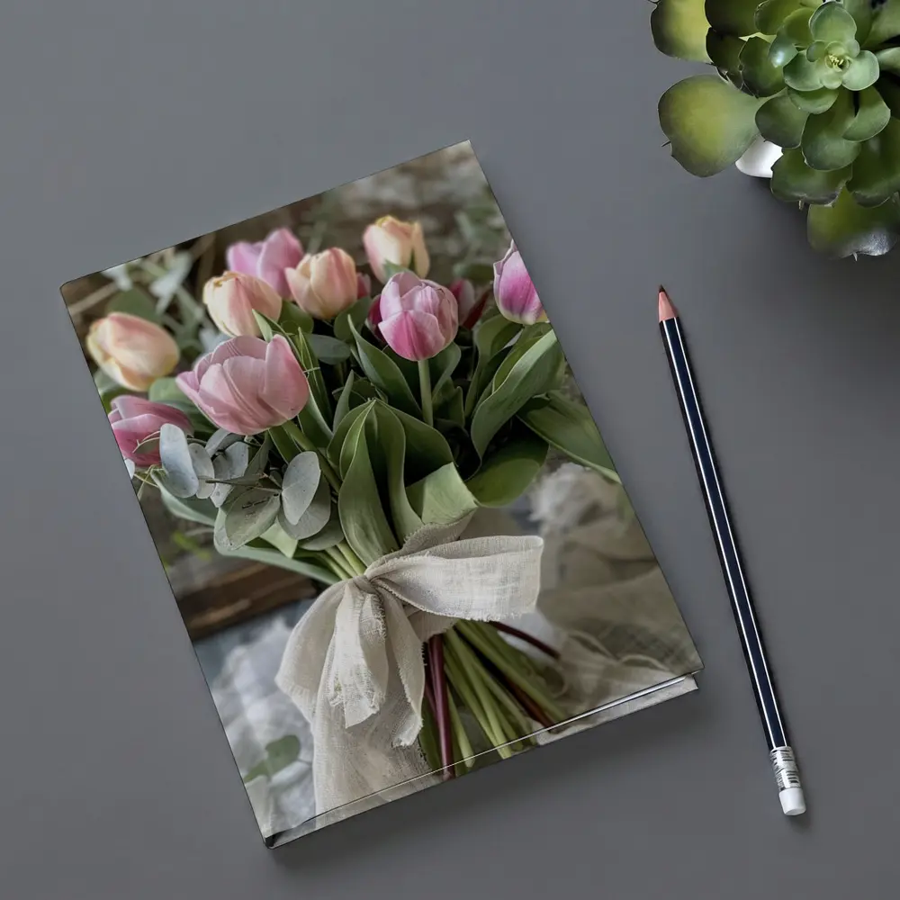 Pink Tulips Bouquet Rustic Linen Ribbon – Notebooks