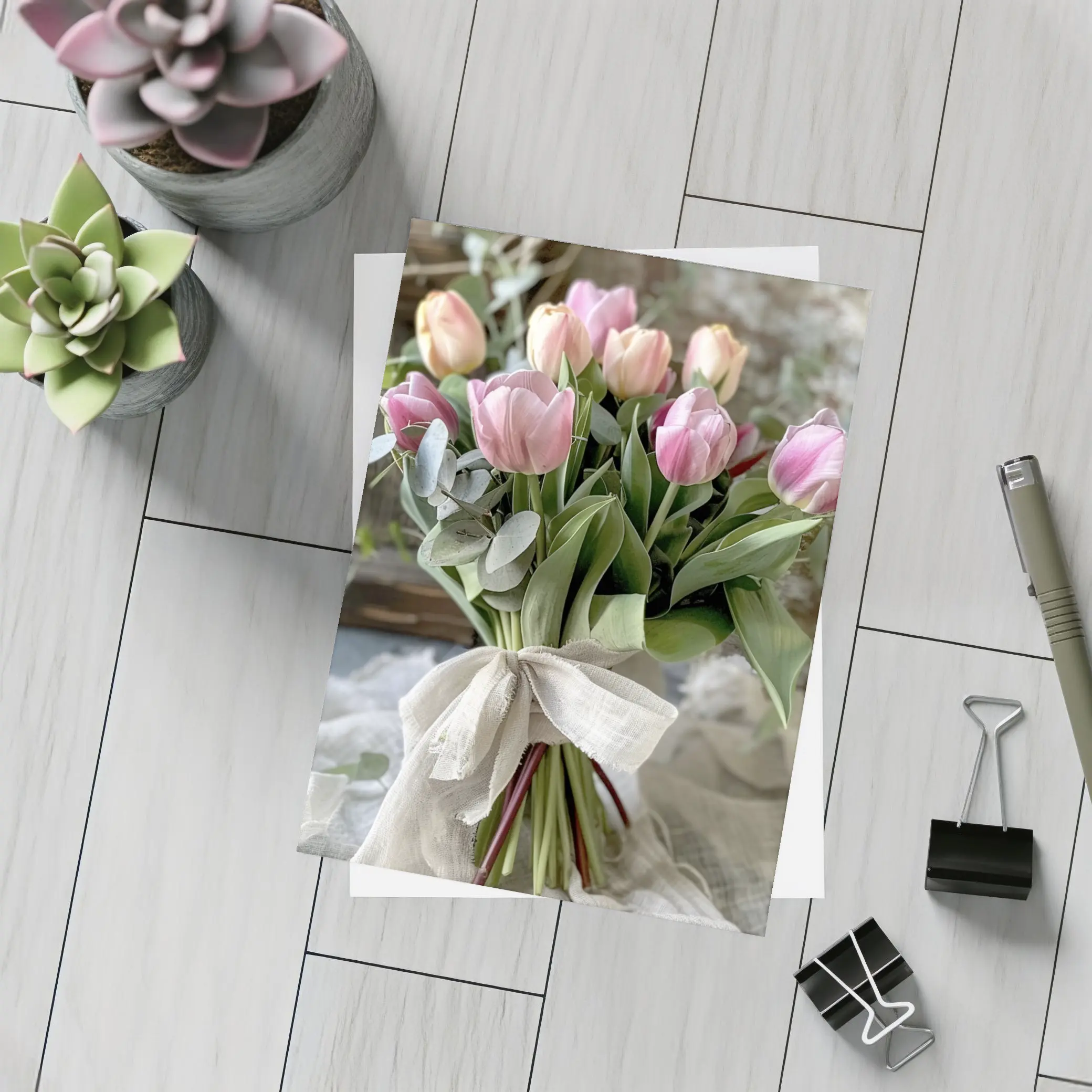 Pink Tulips Bouquet Rustic Linen Ribbon – Postcards