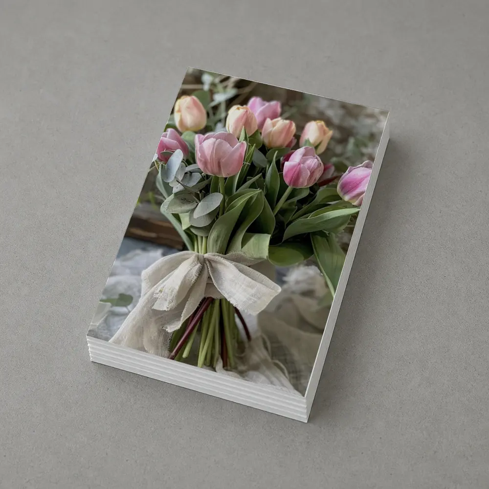 Pink Tulips Bouquet Rustic Linen Ribbon – Postcards