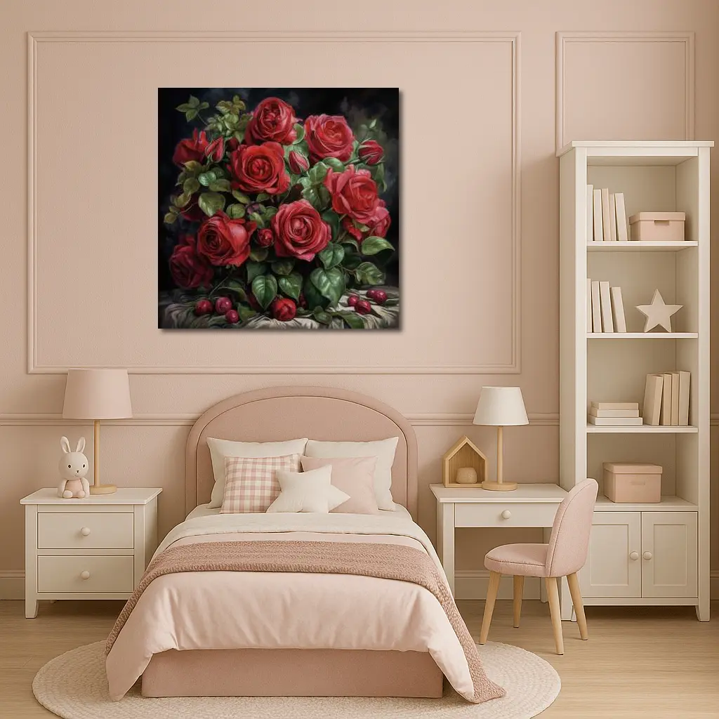 Red Roses Bouquet Dark Moody Oil Painting – Wall Art