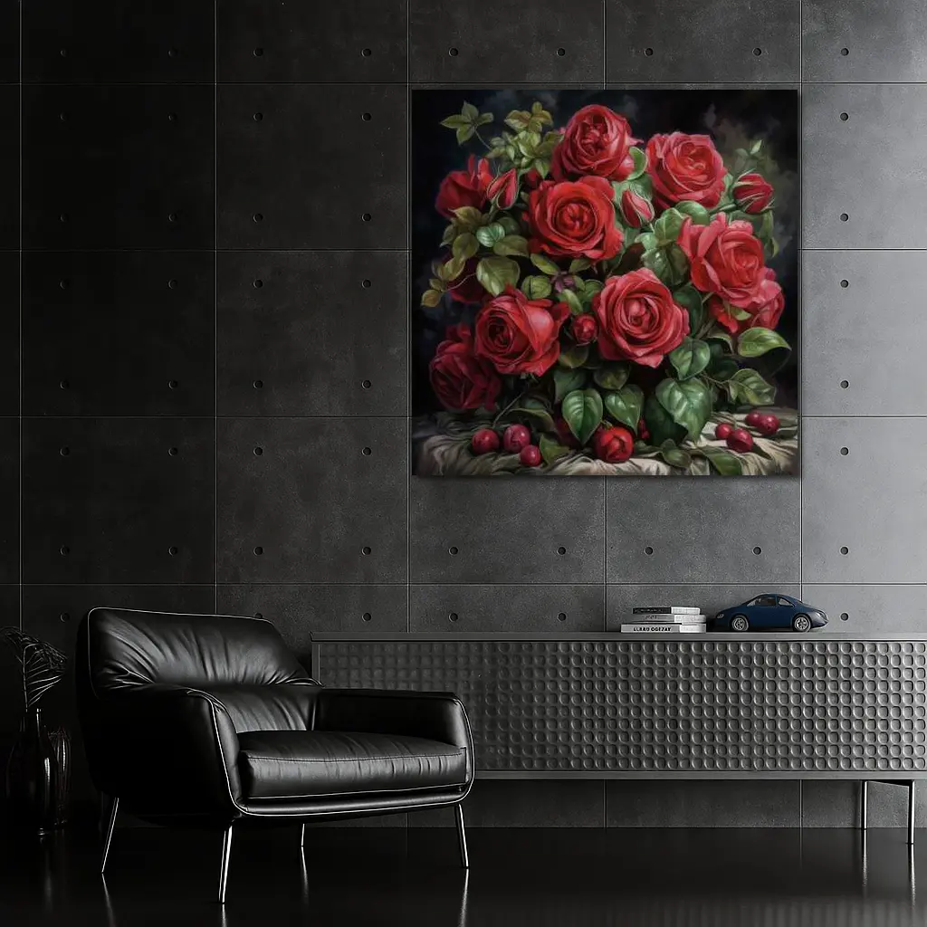 Red Roses Bouquet Dark Moody Oil Painting – Wall Art
