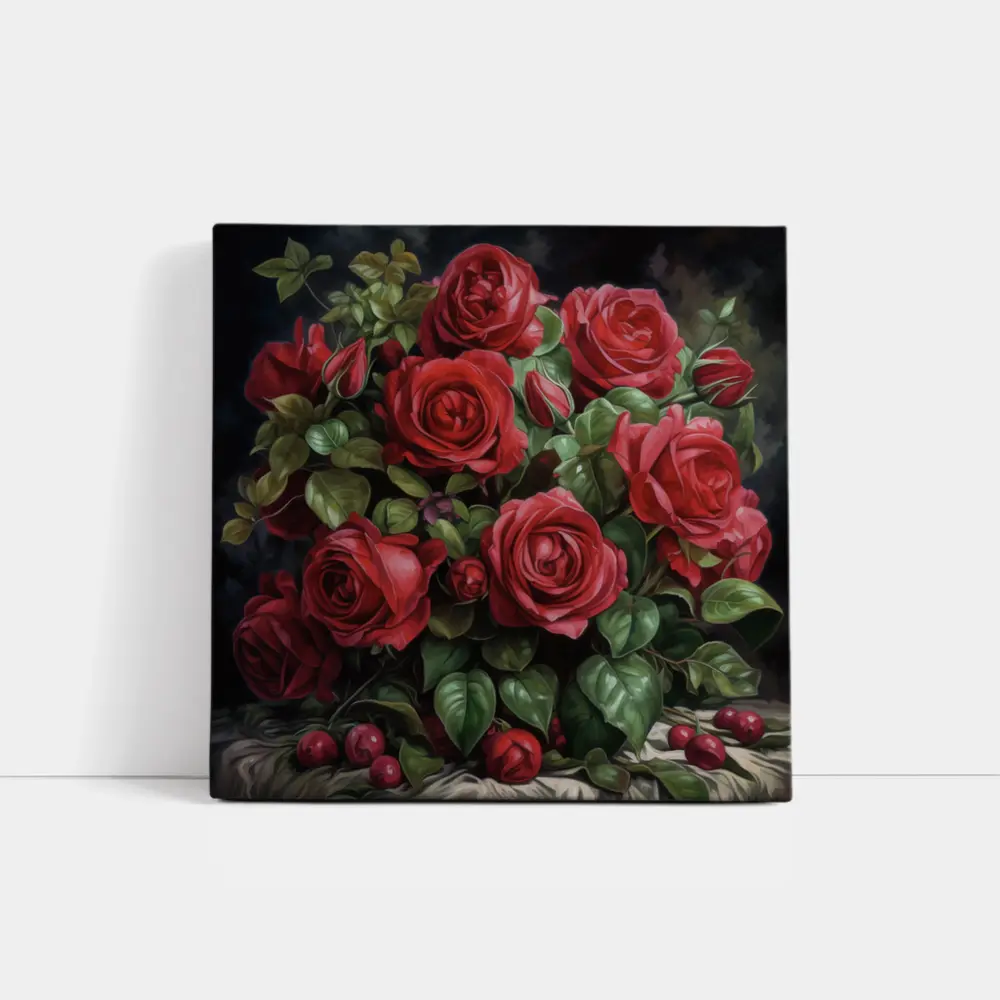 Red Roses Bouquet Dark Moody Oil Painting – Wall Art