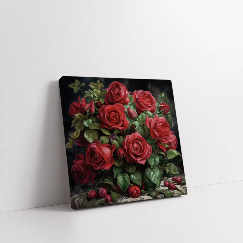 Red Roses Bouquet Dark Moody Oil Painting – Wall Art