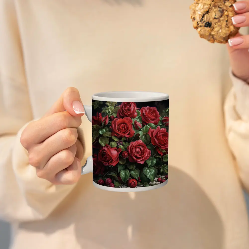 Red Roses Bouquet Dark Moody Oil Painting – Mugs