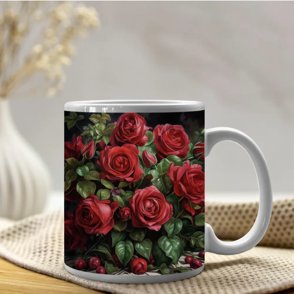 Red Roses Bouquet Dark Moody Oil Painting – Mugs