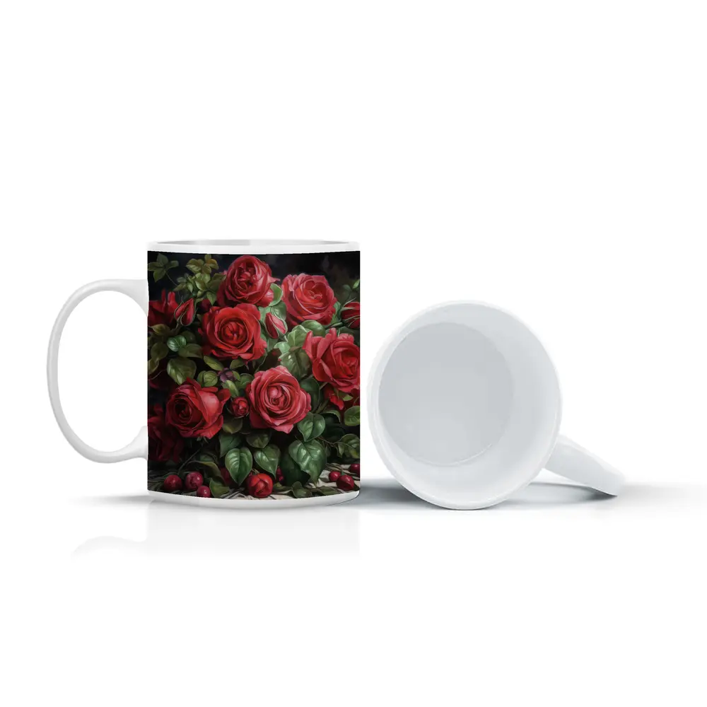 Red Roses Bouquet Dark Moody Oil Painting – Mugs