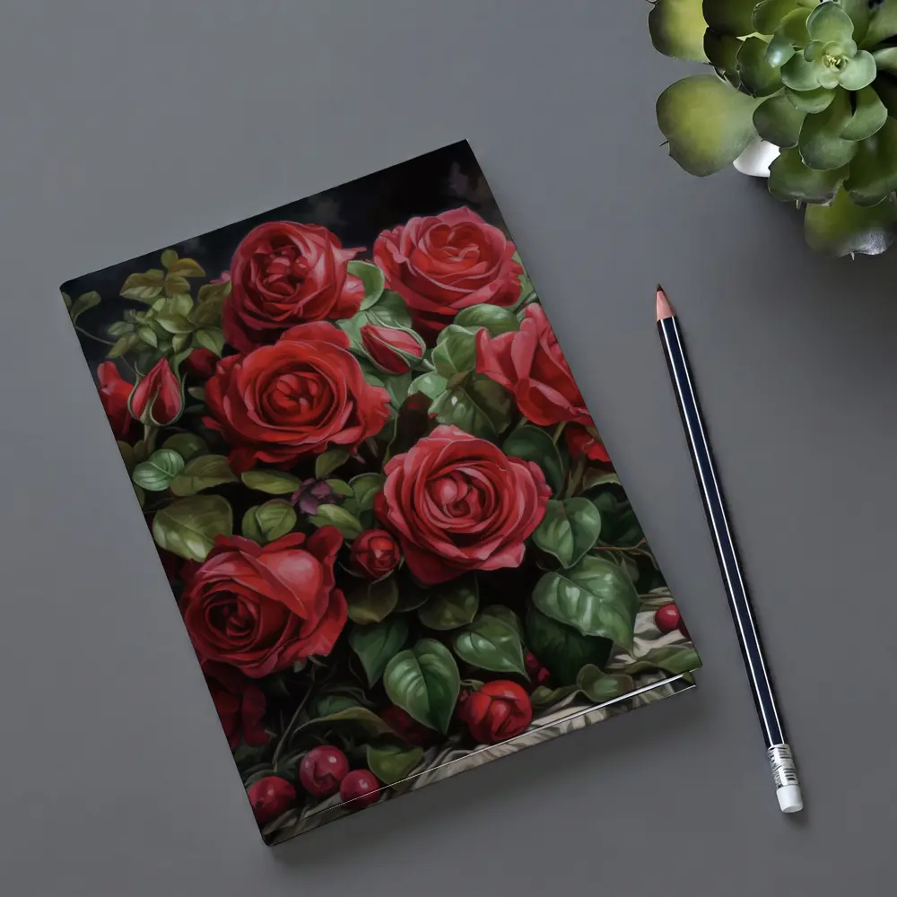 Red Roses Bouquet Dark Moody Oil Painting – Notebooks