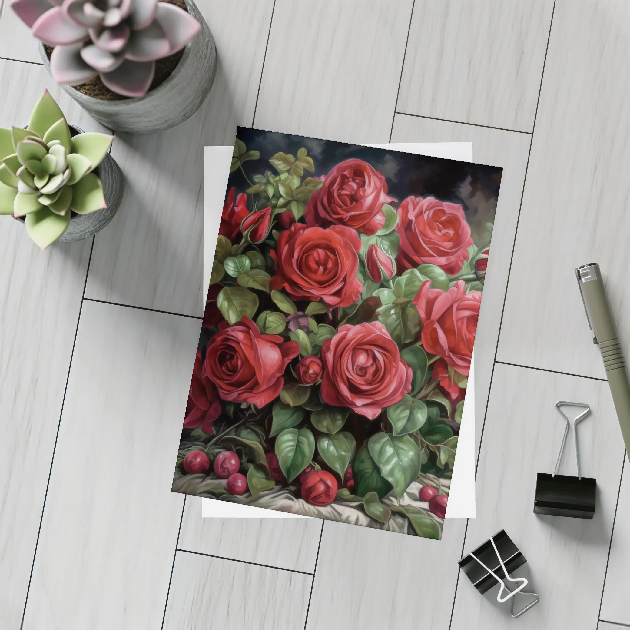 Red Roses Bouquet Dark Moody Oil Painting – Postcards