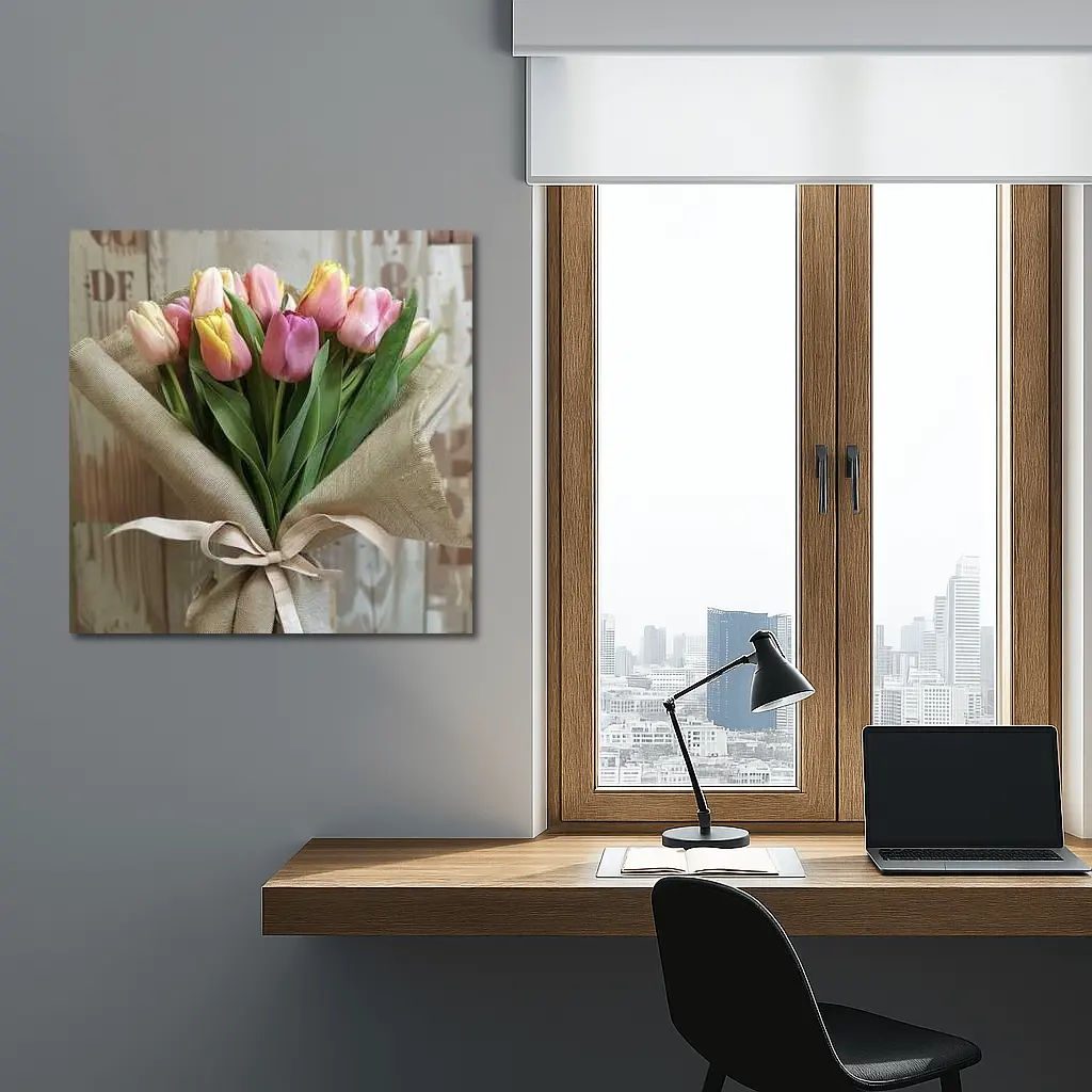 Pink Tulips Bouquet Wrapped in Burlap – Wall Art