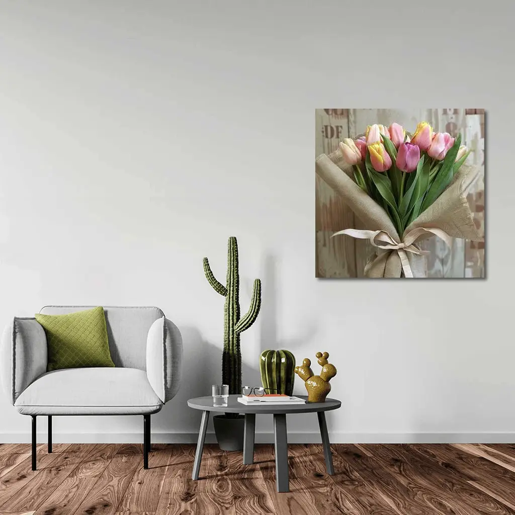 Pink Tulips Bouquet Wrapped in Burlap – Wall Art