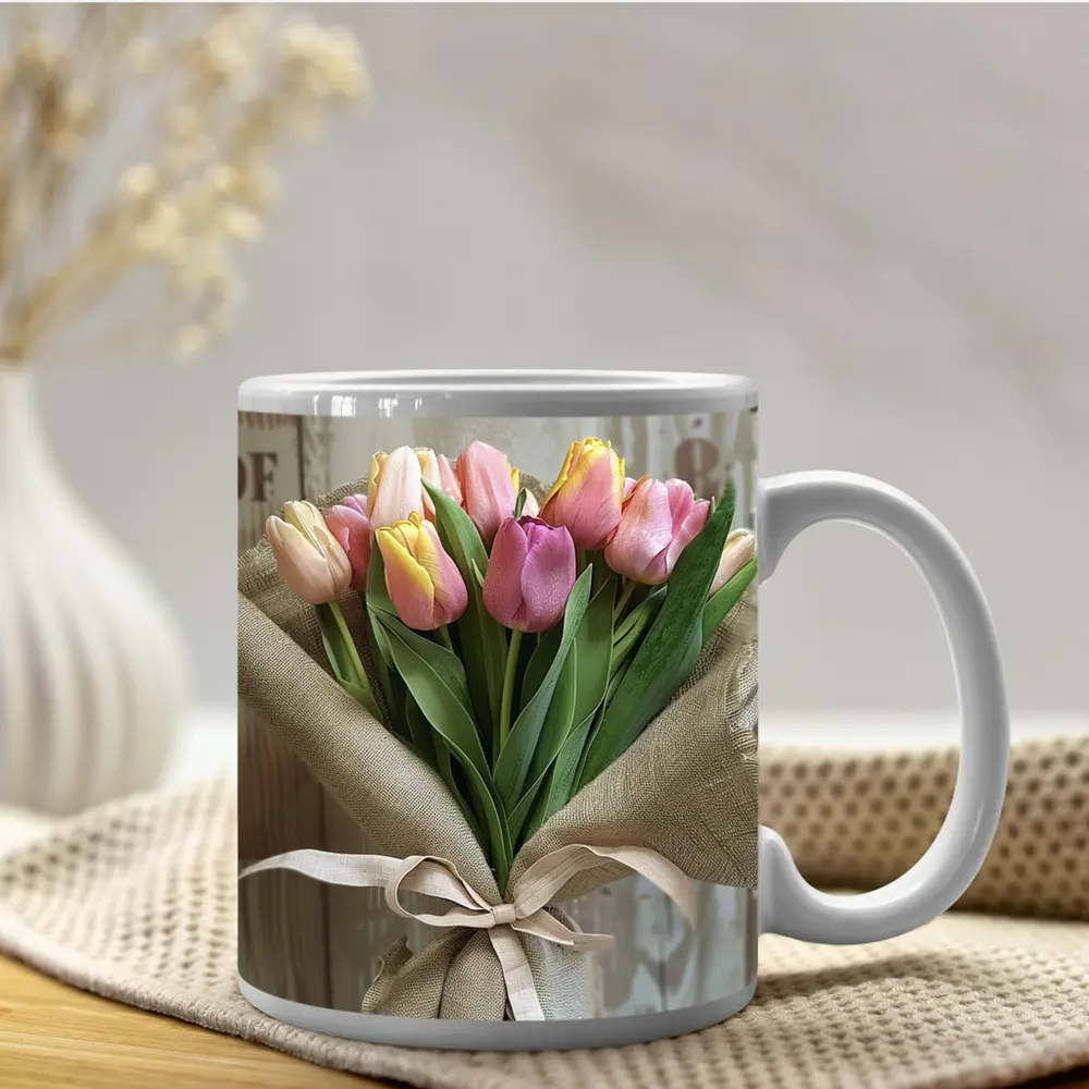 Pink Tulips Bouquet Wrapped in Burlap – Mugs