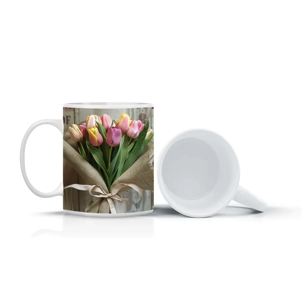 Pink Tulips Bouquet Wrapped in Burlap – Mugs