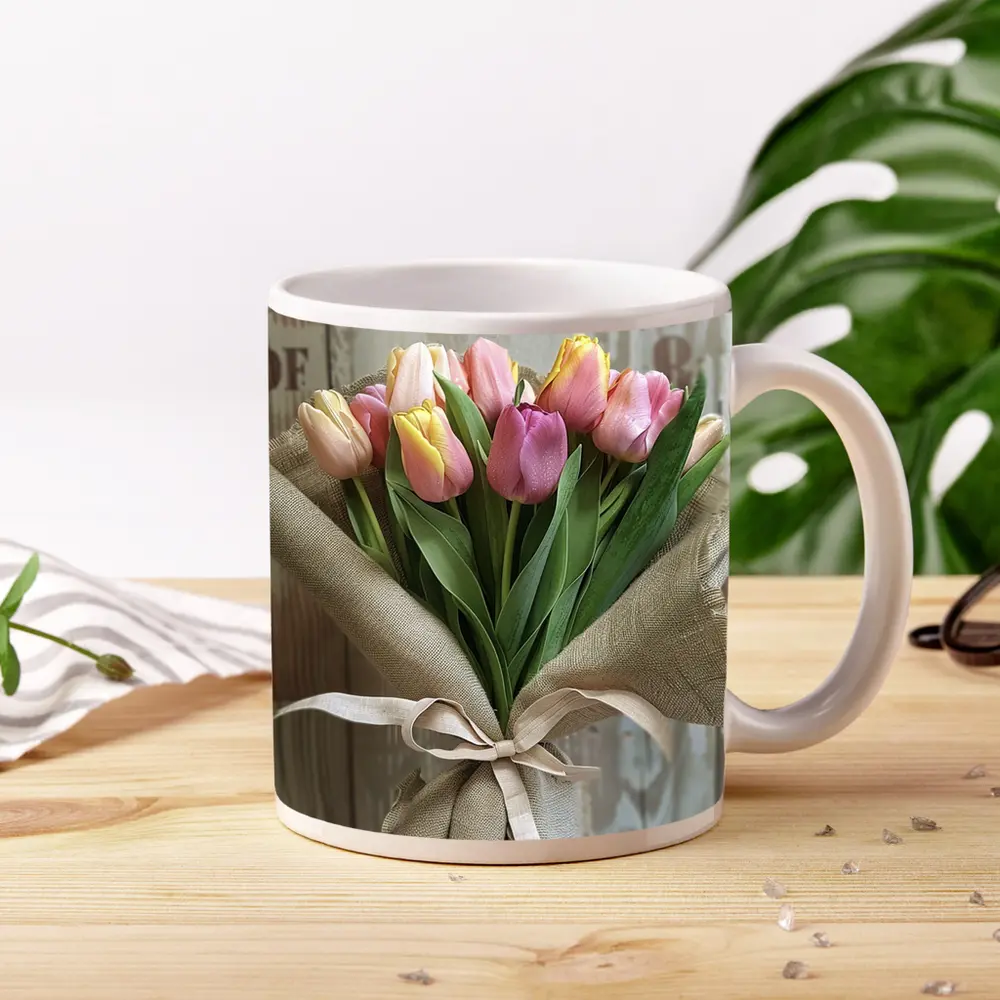 Pink Tulips Bouquet Wrapped in Burlap – Mugs