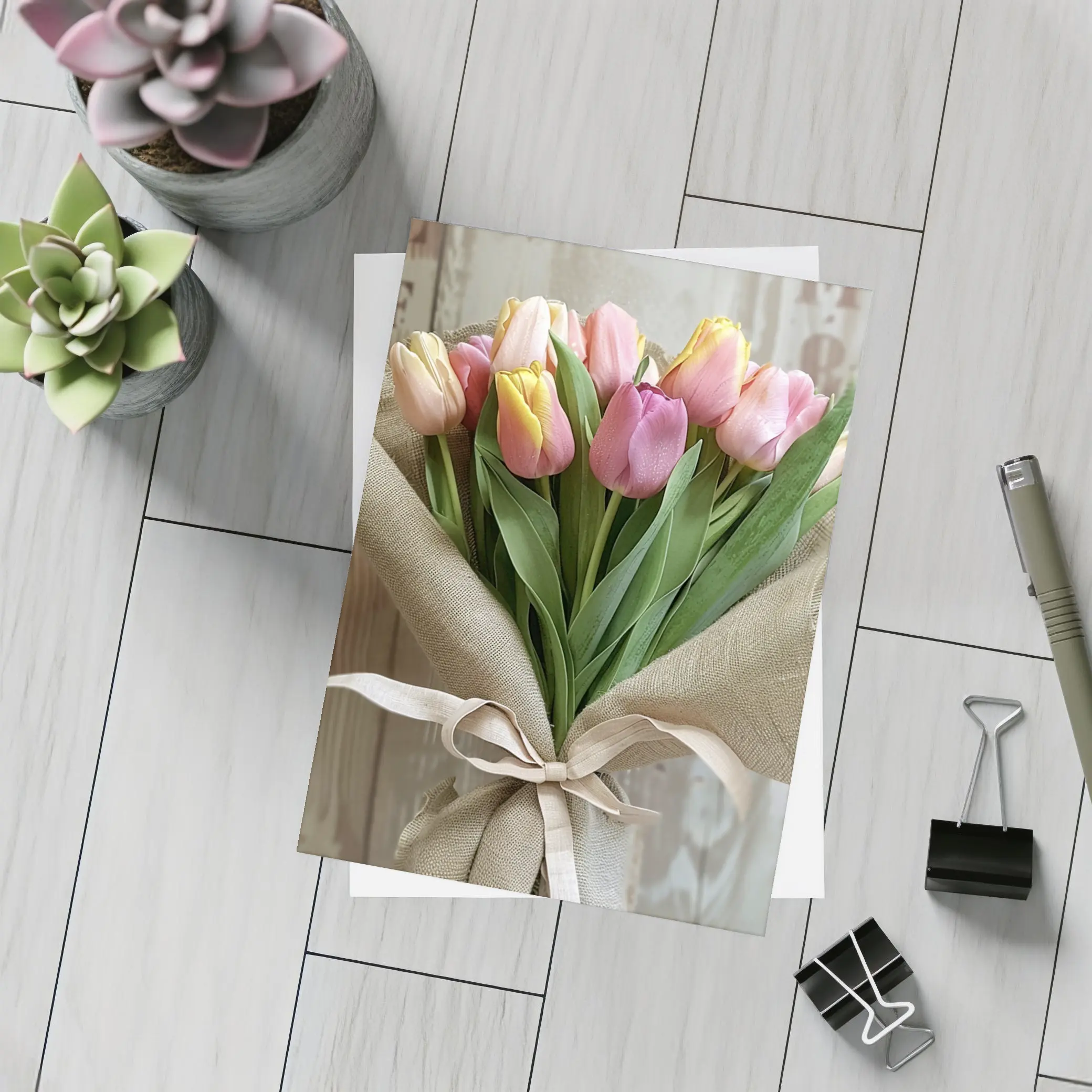 Pink Tulips Bouquet Wrapped in Burlap – Postcards