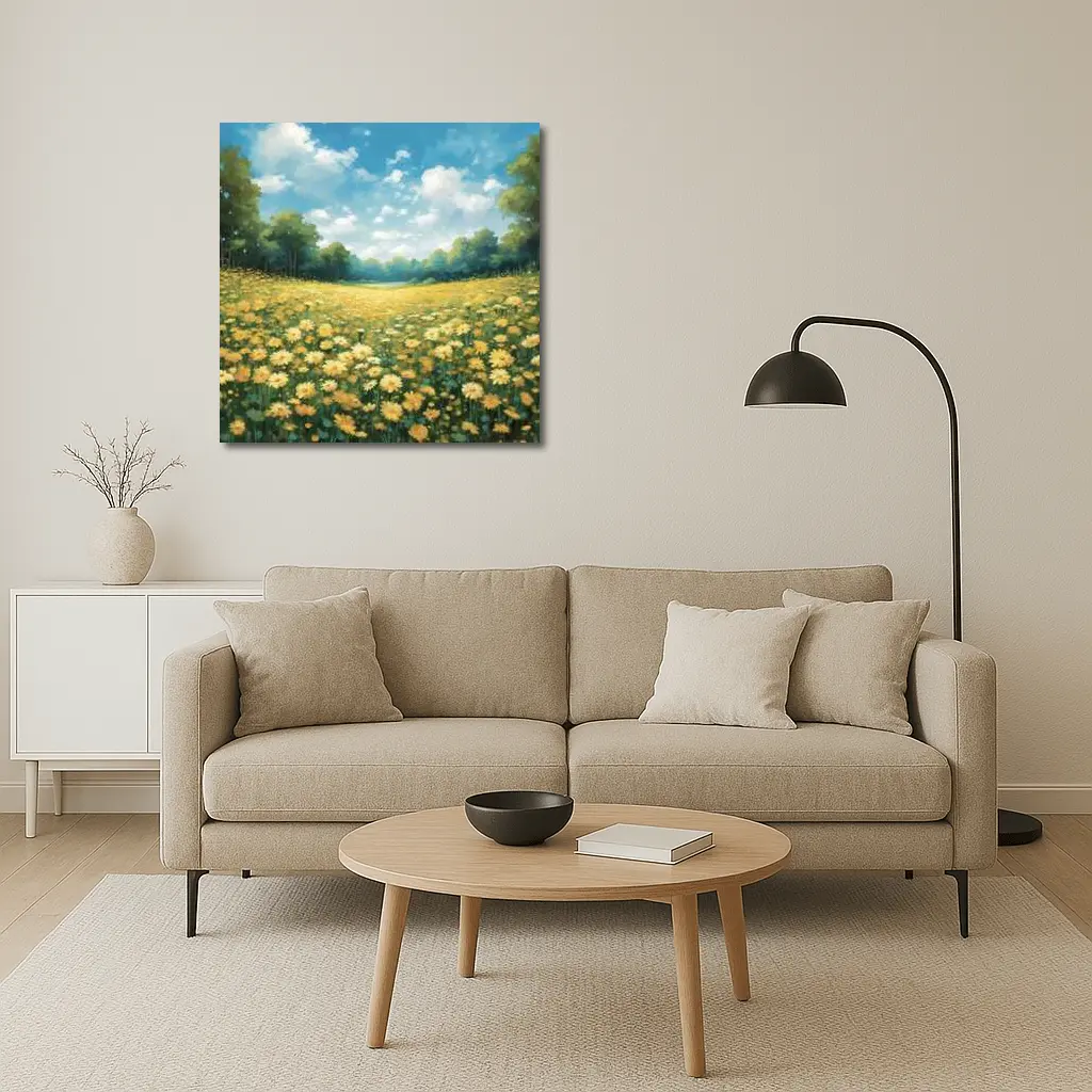 Yellow Daisy Field Blue Sky Painting – Wall Art