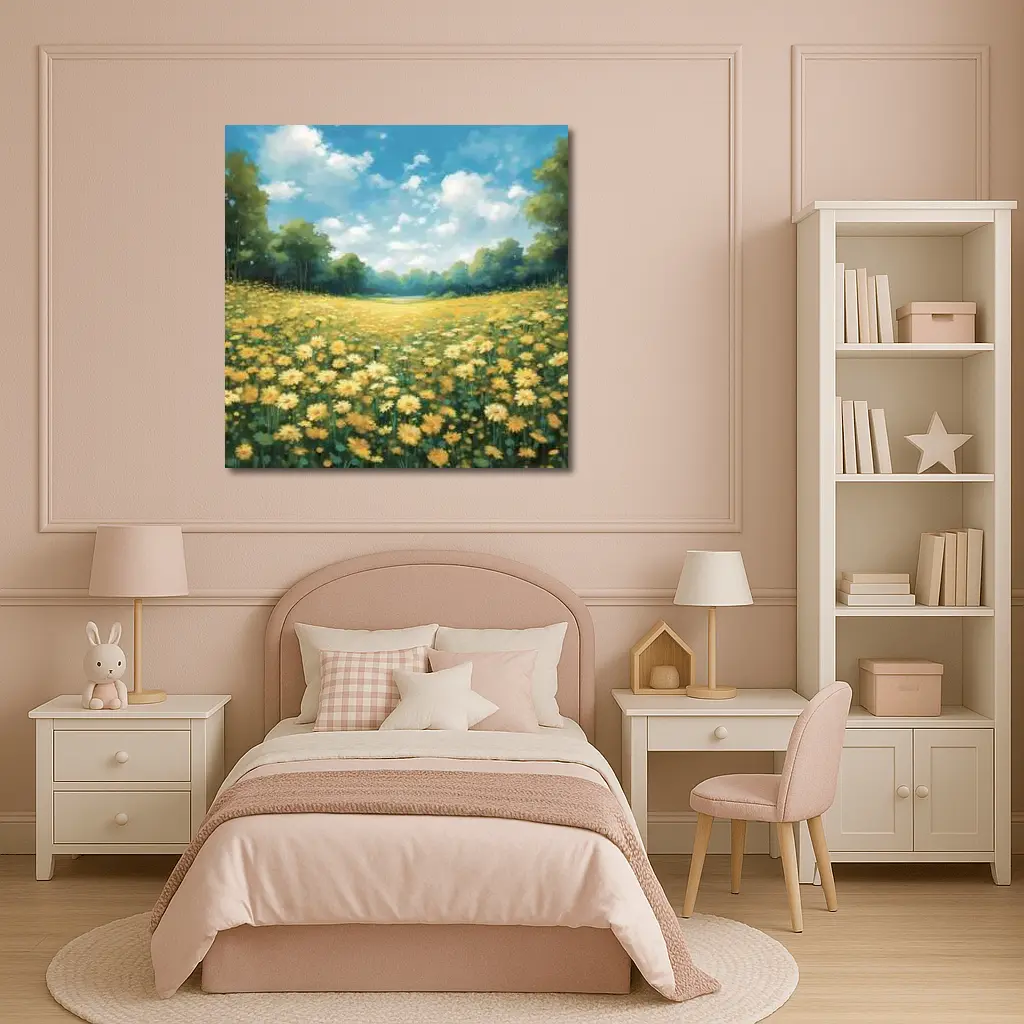 Yellow Daisy Field Blue Sky Painting – Wall Art