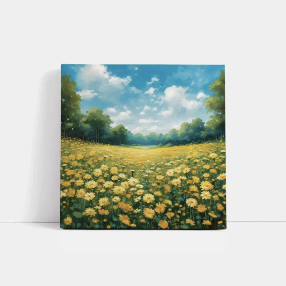 Yellow Daisy Field Blue Sky Painting – Wall Art