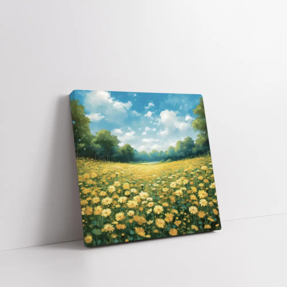 Yellow Daisy Field Blue Sky Painting – Wall Art