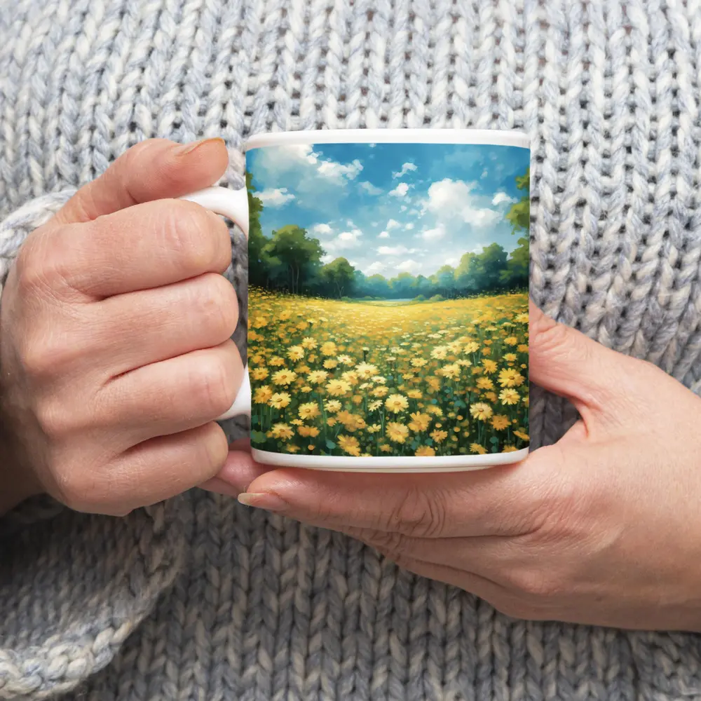 Yellow Daisy Field Blue Sky Painting – Mugs