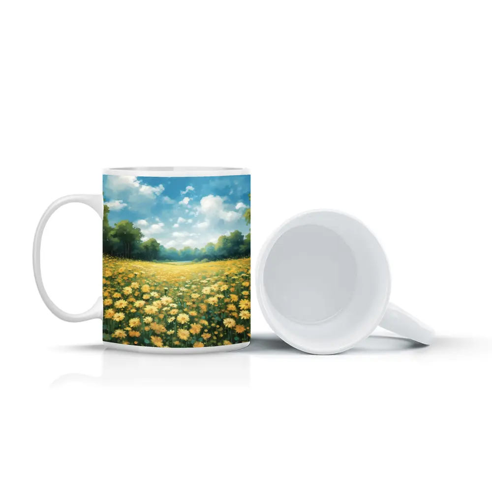 Yellow Daisy Field Blue Sky Painting – Mugs
