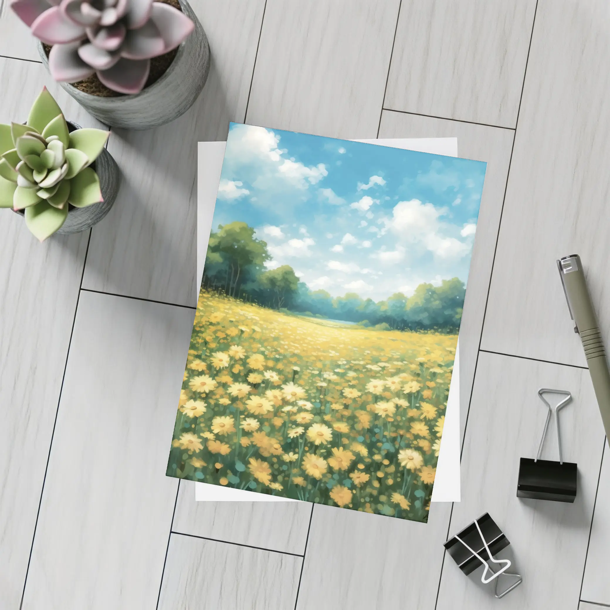 Yellow Daisy Field Blue Sky Painting – Postcards