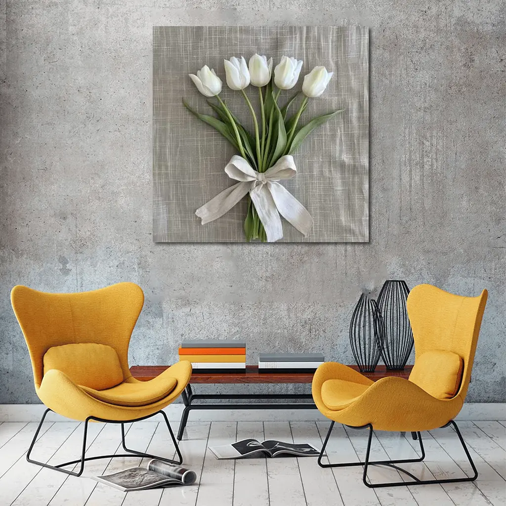 White Tulips Bouquet Tied With Linen Ribbon – Wall Art